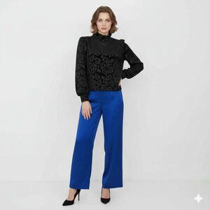 Nwt CALLIGRAPHIE Black Stretch Velvet Leather Look Puff Sleeve Top Sz M CHIC!